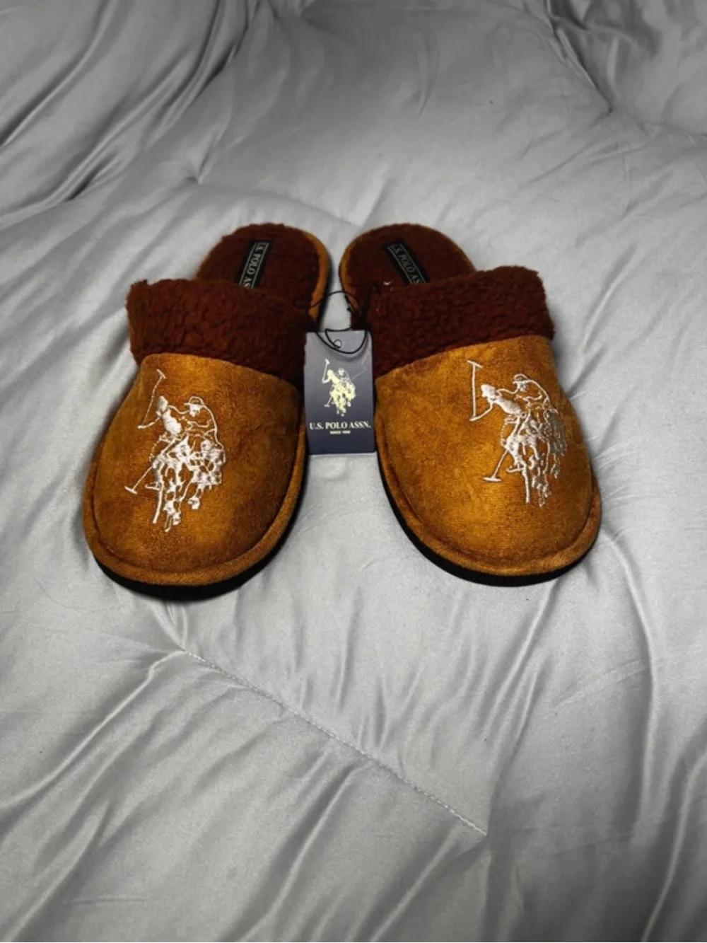 Polo by Ralph Lauren Men's Tan/Brown Shearling-Trim Slip-On Slippers